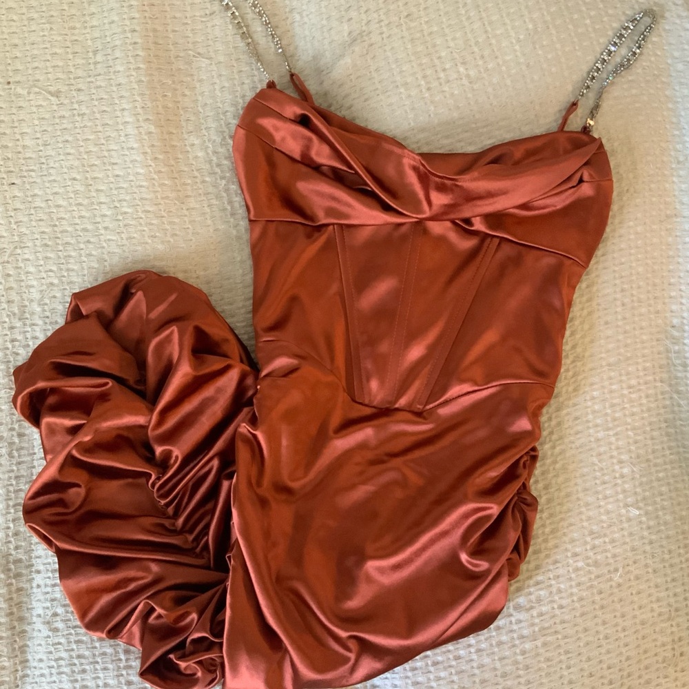 Oh Polly Embellish The Moment Ruched Satin Corset Bodycon Midi Dress Copper